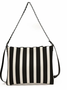 Black and white striped canvas tote bag with adjustable chain shoulder strap and leather trim