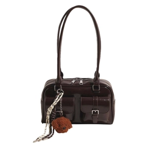 Deep brown patent leather pillow bag with double pockets and cute teddy pendant