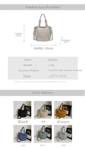 Detailed chart showing tote bag dimensions 35x29x16cm and various color options
