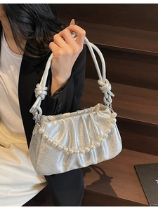 Silver pleated crossbody bag with pearl chain decoration and knotted handle for women