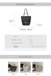 Detail view of canvas tote bag showing dimensions and three colors in black, white, and khaki