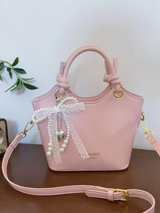 Damen Mode PU Leder Eimertasche Süße Spitze Bogen Künstliche Perle Herz Anhänger Handtasche Kleine Umhängetasche Für Den Täglichen Gebrauch