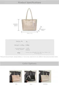 Detailed size chart and specifications for the large PU leather tote bag with embossed patterns