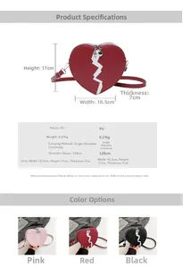 Detailed size specifications and color options for the heart shaped red PU leather bag