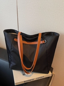Large capacity black oxford tote bag with brown leather handles for work and travel