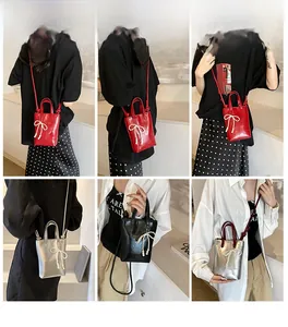 Mini sacs seau élégants avec nœud en perles pour femmes en rouge, argent et noir