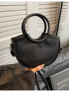 Women Pleated Half Moon Crossbody Bag PU Leather Round Handle Shoulder Bag Solid Color Vertical Texture Bag Handbag