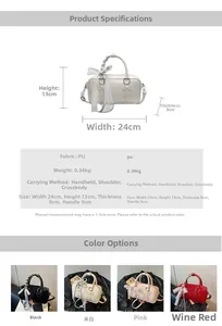 Detailed size chart and multi-color options for ribbon bow Boston bag with PU leather