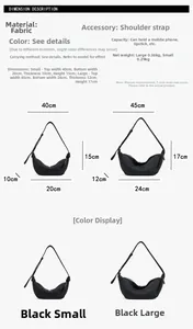 Detailed size chart for large and small pleated hobo shoulder bags in black fabric