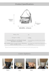 Detailed size chart and multi-color view of textured bucket bag with silver chain