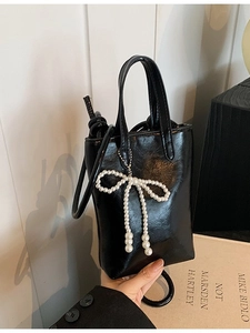 Sac Bandoulière Seau en PU Brillant avec Nœud en Künstliche Perles Synthétiques Mini Sac à Main Tote pour Femmes pour Rendez-vous