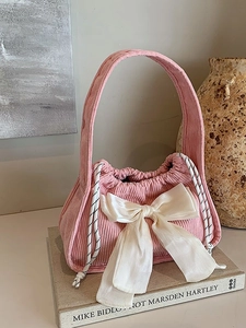 Sac à Bandoulière en Velours Côtelé Doux Pour Femme Avec Grand Nœud en Satin Cordon Sac à Main Rétro Style Coréen Décontracté Pour Quotidien