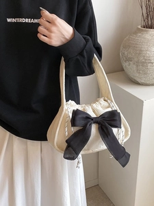 Sac à main en velours côtelé blanc pour femme avec grand nœud en satin noir