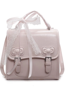 Pink PU leather student style handbag with bow buckles and white lace ribbon