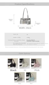 Detailed spec chart for chic PU shoulder bag showing colors, dimensions, and chain detail