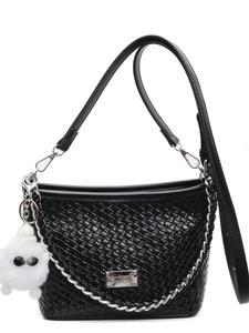 French style woven leather underarm bag with silver chain and plush monster charm