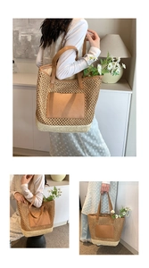 Close-up of woven tote bag showing bicolor straw texture and brown leather pocket detail