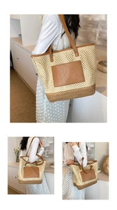 Close-up of beige woven straw tote bag featuring brown leather trim and hollow knit texture