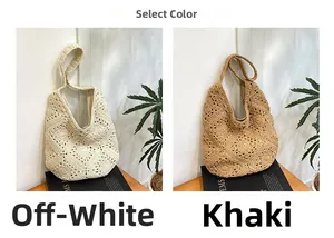 Detailed close-up of handmade hollow crochet tote bags in off-white and khaki colors