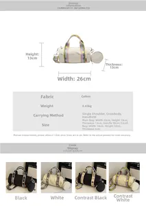 Tableau des tailles détaillé pour sac bandoulière cylindrique avec dimensions et pochette