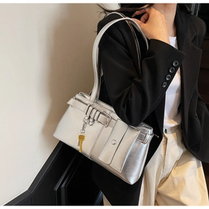 Silver metallic rectangular shoulder bag with belt buckle detail and key pendant