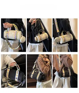 Vues détaillées d'un sac bandoulière cylindrique avec sangle design et petite pochette