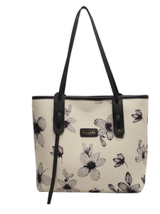 Grand sac cabas en toile avec motif floral noir et blanc et bandoulières élégantes