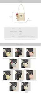 Tableau des tailles et options de couleurs pour le sac seau en PU brillant avec breloque ours