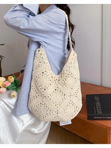 Handmade Cotton Crochet Shoulder Tote Bag Floral Hollow Out Woven Hobo Bag For Women Casual Boho Beach Travel Handbag