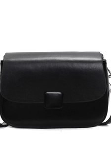Minimalist black faux leather crossbody bag with square buckle and sleek flap closure