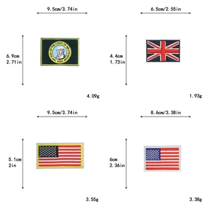Detailed size chart for embroidered US and UK flag patches showing dimensions and weights