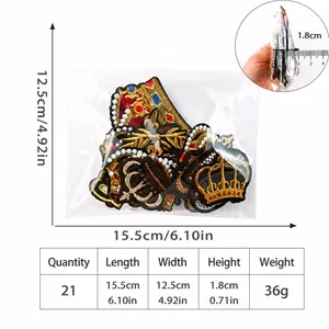 Set da 21 toppe ricamate corona dorata con tabella dettagliata delle dimensioni reali