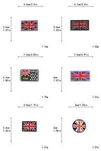Detailed size chart for six British flag embroidery patches with dimensions and weight