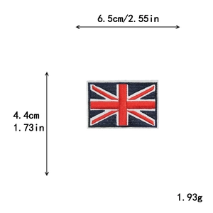 British Union Jack embroidered flag patch with dimensions 6.5cm by 4.4cm on white background