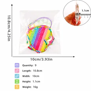 Set di 9 toppe a cuore glitter arcobaleno con misure dettagliate di peso e dimensioni