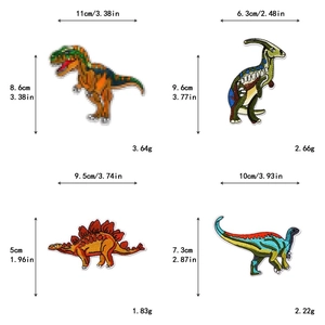 Detailed embroidery dimensions for T-Rex and dinosaur iron-on patches set