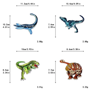 Detailed size and weight chart for dinosaur embroidery iron-on patches with dimensions
