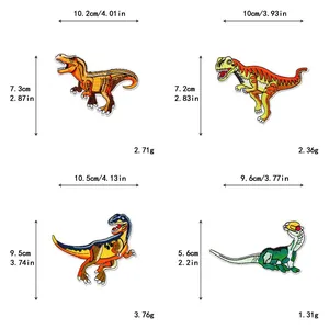 Detailed size chart for colorful dinosaur embroidered patches showing exact cm and inch specs