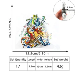 Size chart for 17pcs embroidered dinosaur patches showing 15.5cm x 13cm dimensions