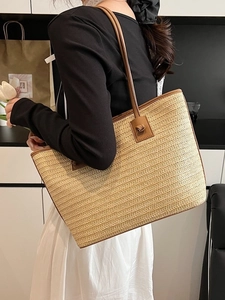 Sac cabas d'été en paille avec anses en cuir marron et grande capacité tressée