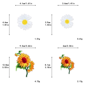 Gedetailleerde maattabel voor zonnebloem- en madeliefborduurpatches met exacte afmetingen