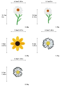 Gedetailleerde afmetingen en gewicht voor geborduurde margriet en zonnebloem