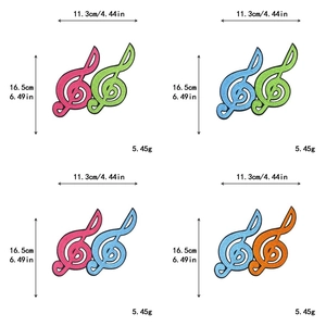 Detail of colorful music note embroidery patches with dimensions and weight data