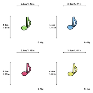 Detailed view of colorful music note embroidery patches with precise size measurements