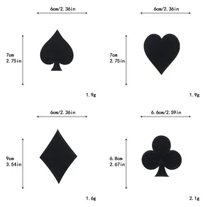 Size specifications for poker suit embroidery patches including spade, heart, and clubs