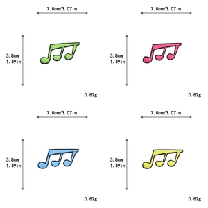Detailed size chart of colorful music note embroidery patches with dimensions and weight
