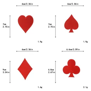 Size chart for playing card embroidery patches showing width, height and weight details