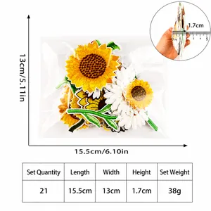21-teiliges Set Stickereiflicken mit Sonnenblumen und Gänseblümchen inkl. Maßen