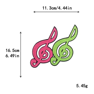 Pink and teal G-clef musical note embroidery patches with dimensions 11.3cm x 16.5cm