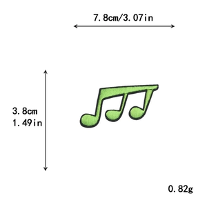 Green musical note embroidered patch for clothes with black border 3.07x1.49 inches